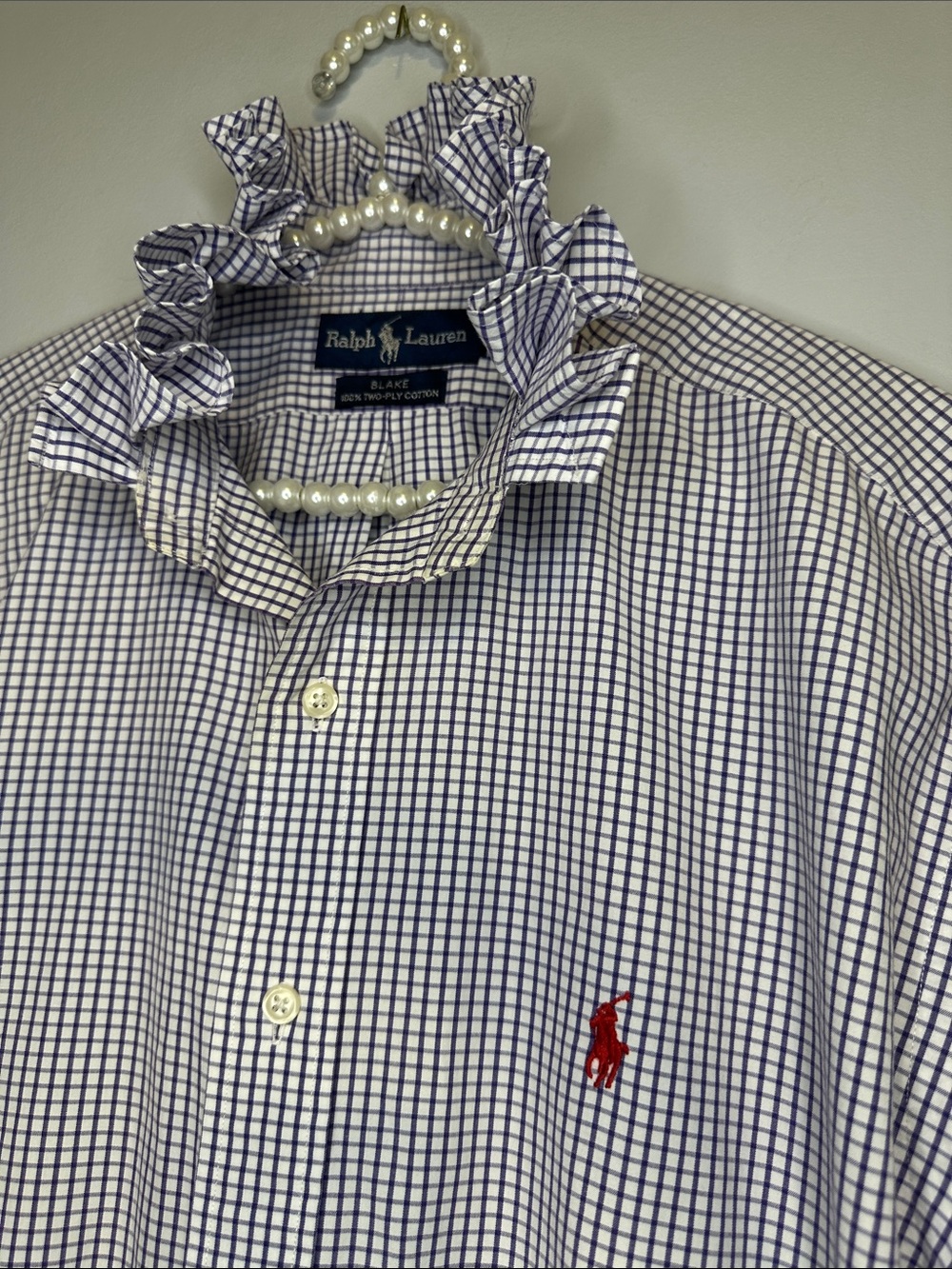 Ralph Lauren White and purple Grid Cotton Ruffled collar Shirt with Red Pony